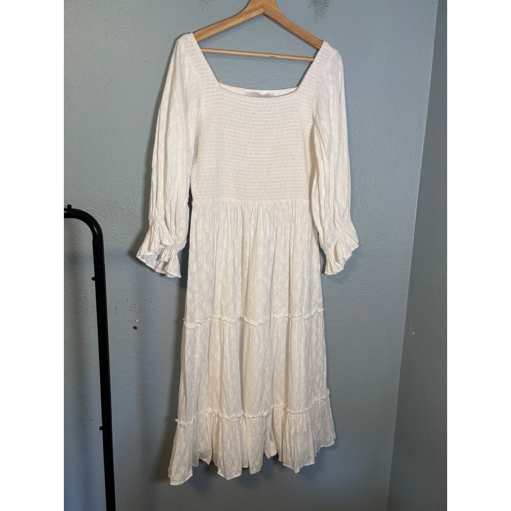 JessaKae Carefree White Cotton Midi Dress Smocked Size Medium - Picture 2 of 9